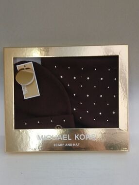 Michael Kors Brown Knit Hat and Scarf Gift Set with Crystal Accents